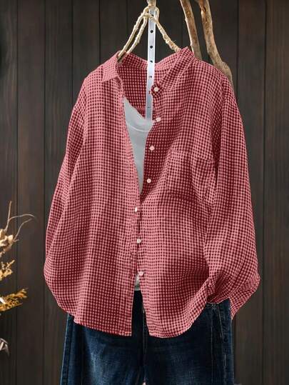 Plus Size Elegant Plaid Woven Fabric Cardigan Shirt Blouse Lightweight Jacket, Suitable For Brunch, Daily, Tea Party, All Seasons