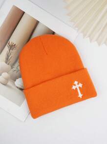 1 Peça Gorro de Malha Estilo de Rua Masculino com Bordado em Cruz, Chapéu de Malha Y2K, Sem Aba, Visual de Halloween e Outono