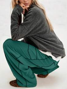 Women's Casual Cylinder Pants Wide Leg Casual Drawstring Sweatpants With Pockets - 綠色 - 查看 4