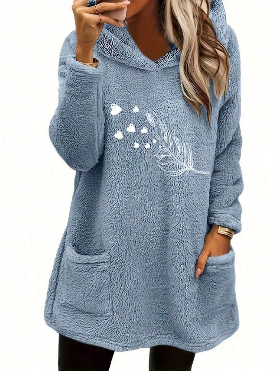 Women'S Casual Polyester Hoodie With Cartoon Print, Warm Fleece-Lined Hooded Sweatshirt With Pockets, All-Season Fabric Outdoor Pullover - Hồng - Xem 1