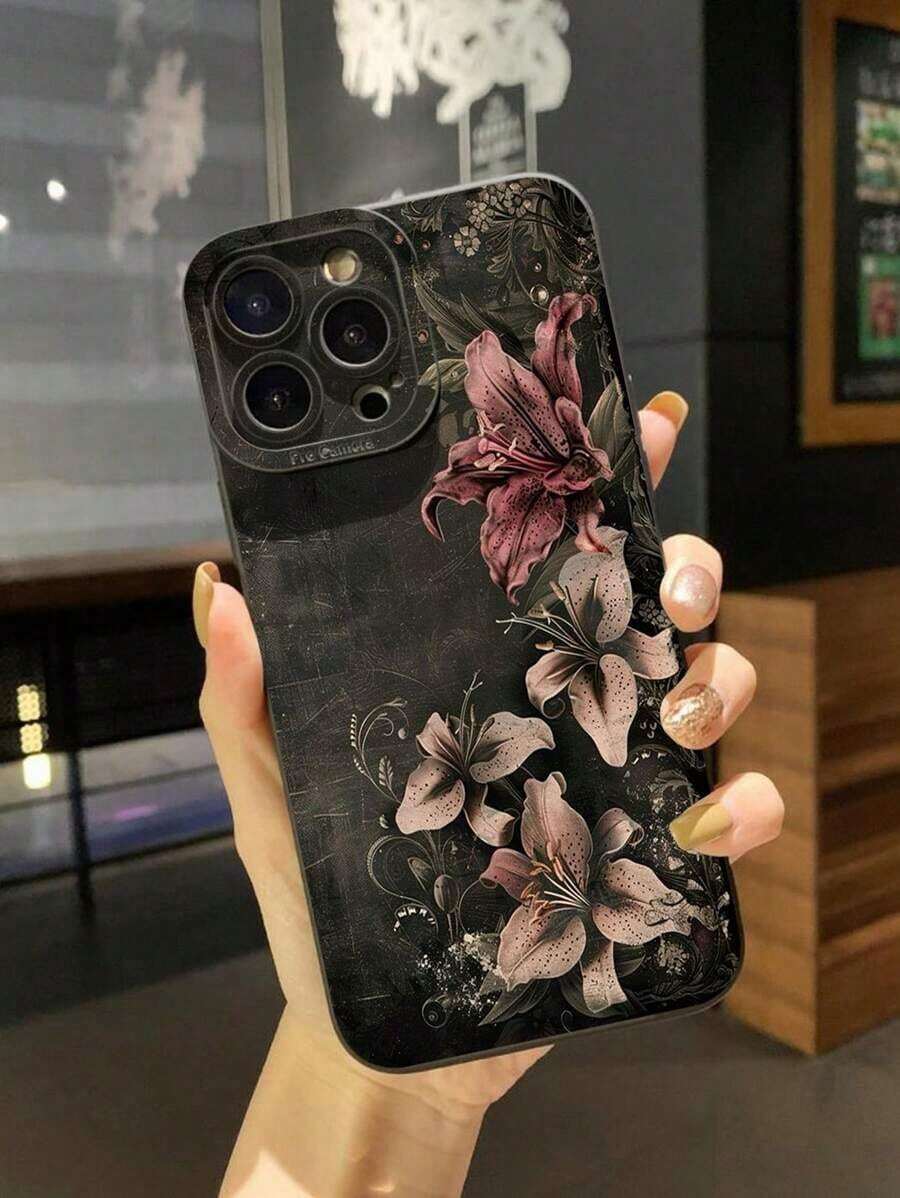 1Pc Vintage Floral Black Background Protective Phone Case Compatible With Apple /Galaxy/Infinix/Redmi/OPPO/VIVO/Realme - 1 cái - Xem 1