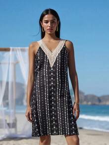 Womens Bohemian Tank Dress Summer Sleeveless Lace Trimmed V Neck Mini Dress Fit And Flare Dress