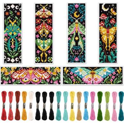 6pcs/Set Insect Themed Cross Stitch Bookmark DIY Art Kit - Cross Stitch Sewing Bookmark Set With Colorful Moth Pattern - Includes 6 Printed Cross Stitch Fabric, Ample Embroidery Floss, Stitching Tools (Random Color) And English Instructions - Simple And Easy To Operate, Suitable For Beginners And Handicraft Lovers - Can Be Used As Bookmarks, Home Decor, Or Gifts