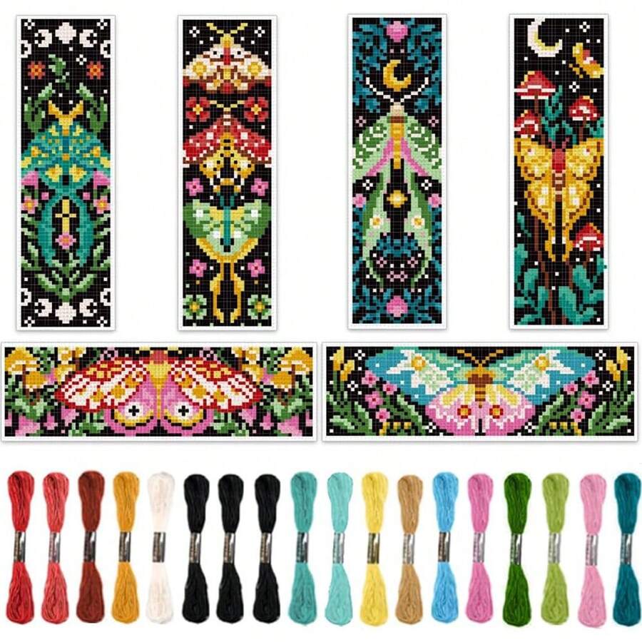 6pcs/Set Insect Themed Cross Stitch Bookmark DIY Art Kit - Cross Stitch Sewing Bookmark Set With Colorful Moth Pattern - Includes 6 Printed Cross Stitch Fabric, Ample Embroidery Floss, Stitching Tools (Random Color) And English Instructions - Simple And Easy To Operate, Suitable For Beginners And Handicraft Lovers - Can Be Used As Bookmarks, Home Decor, Or Gifts - Multicolor - View 1