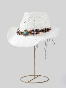 1pc Western Cowgirl Straw Hat, Bohemian Style, Hollow Out, Beaded Metal Hat Band Decor, Festival, Daily Wear - MZ3092+ML62 - View 13