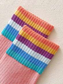 5 paia di calzini a collo tondo per bambini per primavera, autunno e inverno. Spessore medio, elastici, a righe arcobaleno, calzini da ragazza dopamina