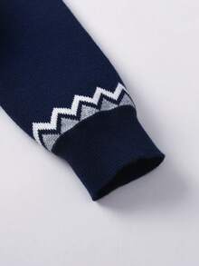 Boys & Teens' Geometric Pattern Contrast Collar Knit Cardigan Sweater, Suitable For School, Everyday Wear, Spring, Autumn, Winter - Navy Blue - View 5