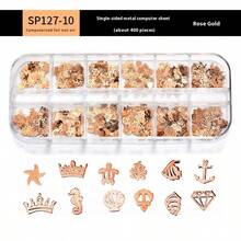 1盒彩色美甲贴纸金属指甲饰混合尺寸美甲用品3D蝴蝶爱花布洛克美甲配件DIY指甲宝石美甲用品适合女孩女士指甲 - 彩色 - 查看 16