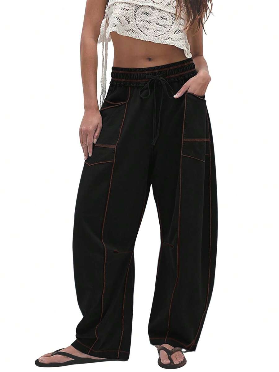 Women's Casual Cylinder Pants Wide Leg Casual Drawstring Sweatpants With Pockets - Black - View 1