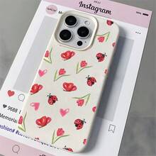 Tulip And Seven Star Ladybug Pattern Fashionable Large Hole Phone Case With Concave And Convex Texture On The Surface Of UV Printing Technology, 360 Degree All-Round Protection Compatible With Iphine 16 15 14 13 12 11 Series Smartphones Birthday Gift
