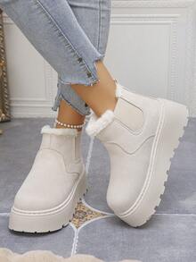 Damskie, wygodne, antypoślizgowe, białe, obszyte sztucznym futerkiem, ciepłe, grube podeszwy, wsuwane buty na wysokiej platformie z grubym dnem i puszystą podszewką, ciepłe, zimowe, codzienne, do noszenia na zewnątrz, beżowe buty śnieżne - Beżowy - Zobacz 6