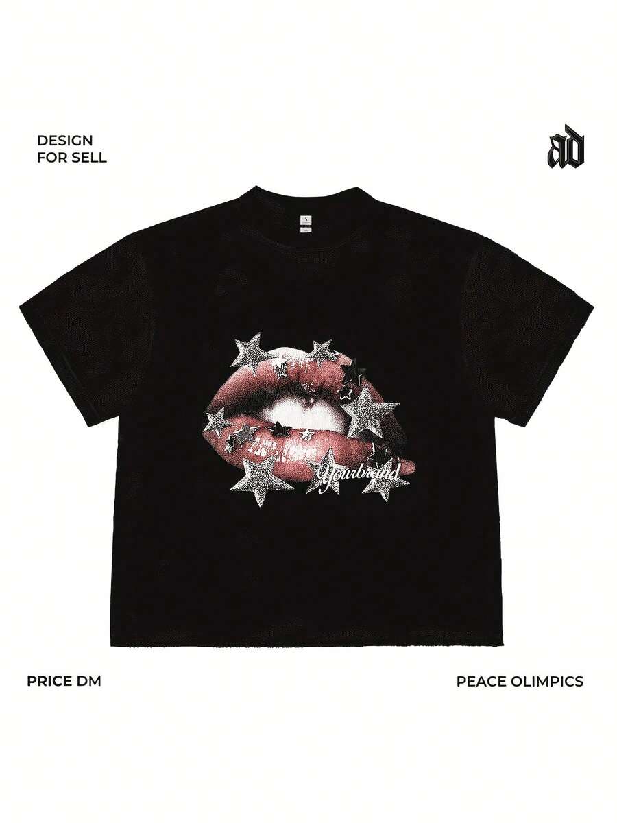 Y2K Fashion Graphic Print, Unisex High Quality 100% Cotton Casual  Street T-Shirt.Comfortable, Versatile, Soft And Breathable Short Sleeve Summer Tops. - Black - View 1