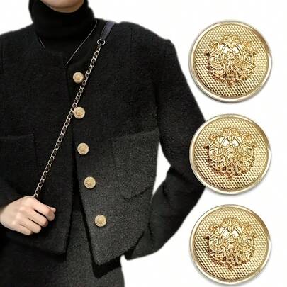 10 gyllene 3D-snidade metallknappar, svampformade med böjda kanter, handtag, rutmönster, vintagemönster, lämpliga för kostymer, västar, rockar, byxor, dagligt bruk i hemmet, sybehör