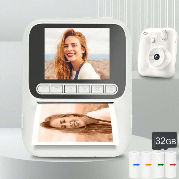 Cámara de impresión instantánea con 8X de aumento - Videoselfie HD 1080P y flash incorporado, impresora de fotos mini portátil con 4 rollos de papel de impresión a color, regalo creativo y divertido para vacaciones, Navidad, Halloween, fiestas de cumpleaños y ocasiones especiales