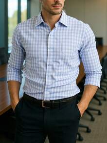 Luxury Wingtip Collar Dress Shirt For Groom, Stretch Comfort Fit, Wrinkle-Free & Breathable Fabric, Self-Tie Bow Tie, Black Tie Wedding & Gala Essentials - 藍灰格 - 查看 2