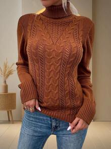 Women Turtleneck Long Sleeve Cable Knit Pullover Slim Fit Solid Sweater Tops - 棕色 - 查看 2