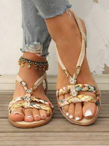 Women's Flat Sandals With Elastic Straps & Floral Design – Perfect For Beach Days And Travel,Plus Size Women's Sandals11 - 米色 - 查看 3