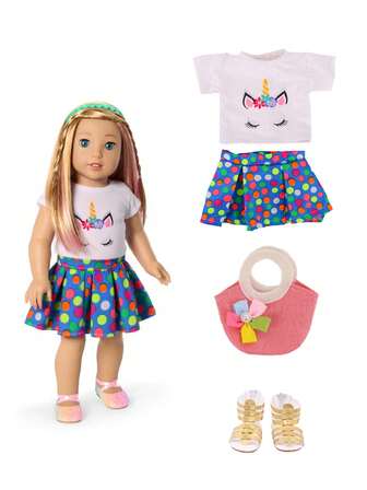 3pcs 18-Inch American Girl Doll Outfit Set, Shirt + Skirt + Bag, Cute, Elegant, High-Quality, Great For Christmas Or Birthday Gifts