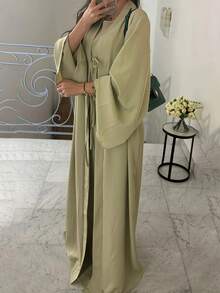2pcs Elegant Abaya Set, Long Cardigan Jacket And Dress, Graceful Outfit - Matcha Color - View 4