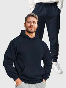 Men's Plain  Sweatshirt And Pants Set, Various Colors, No Print - 藏蓝色 - 查看 1
