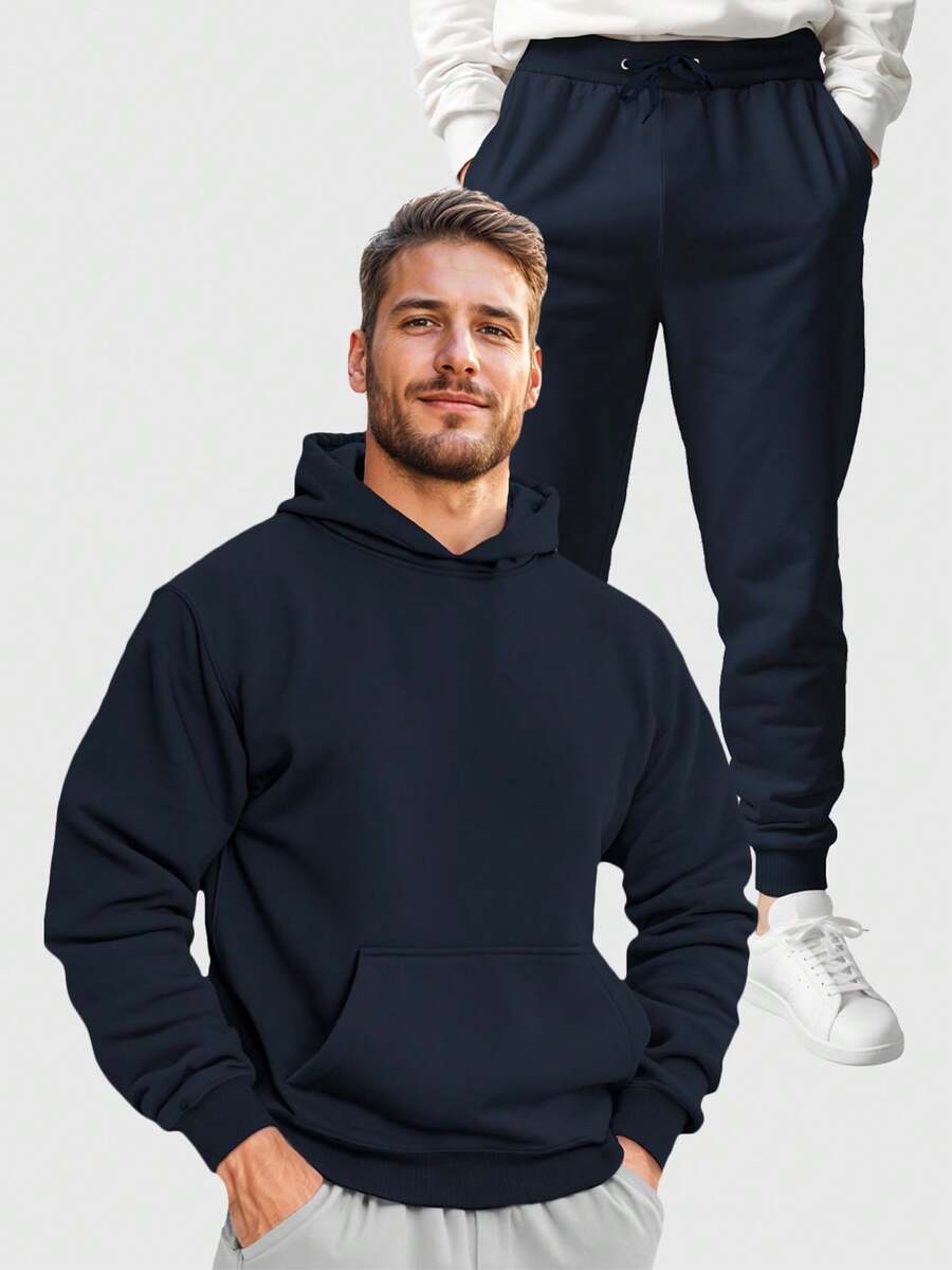 Men's Plain Sweatshirt And Pants Set, Various Colors, No Print - 藏蓝色 - 查看 1
