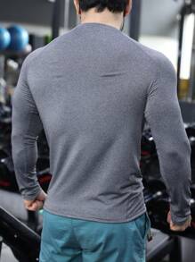Men's Fitness Long Sleeve Compression Tight Shirt, Muscle Fit, Quick Dry, High Elasticity, Solid Color - Grey - View 5