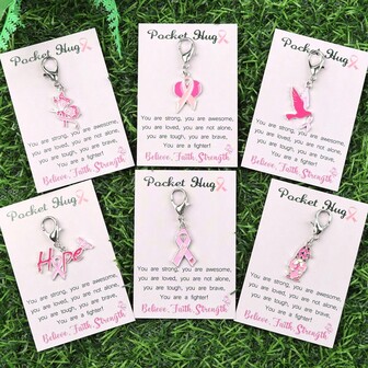6 件乳腺癌钥匙扣，乳腺癌意识翻领钥匙扣粉红丝带蝴蝶希望套装乳腺癌幸存者月慈善活动礼物，6 种款式万圣节配饰教师节圣诞节