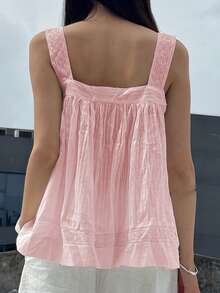 Women Summer Lace Trim Tank Top Casual Sleeveless Button Down Vest Top Loose Babydoll Blouse - 粉色 - 查看 3