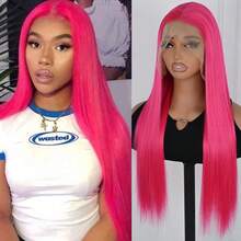 冰粉色合成蕾丝前假发，长款丝滑直发，13x6 免费部分前蕾丝替换假发，亮粉色蕾丝前假发，预拔婴儿头发，自然发际线，无胶耐热纤维，浅粉色假发，适合时尚女性女孩日常派对使用，26 英寸，180% 密度 - 玫紅色 - 查看 2