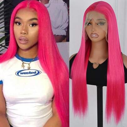 冰粉色合成蕾丝前假发，长款丝滑直发，13x6 免费部分前蕾丝替换假发，亮粉色蕾丝前假发，预拔婴儿头发，自然发际线，无胶耐热纤维，浅粉色假发，适合时尚女性女孩日常派对使用，26 英寸，180% 密度