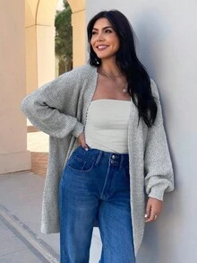 EMERY ROSE 落肩罗纹针织开衫、长袖上衣 - 灰色 - 查看 1