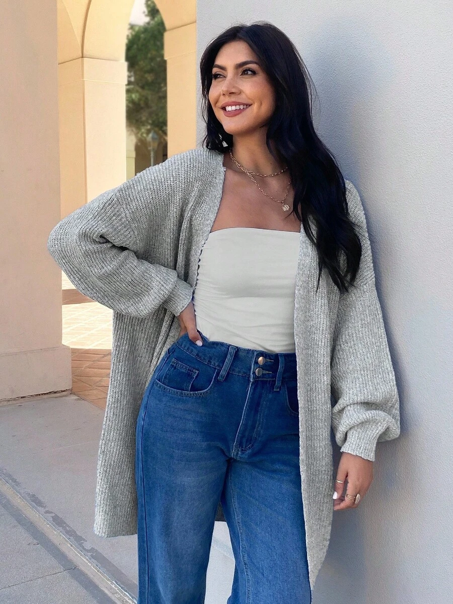 EMERY ROSE 落肩罗纹针织开衫、长袖上衣 - 灰色 - 查看 1