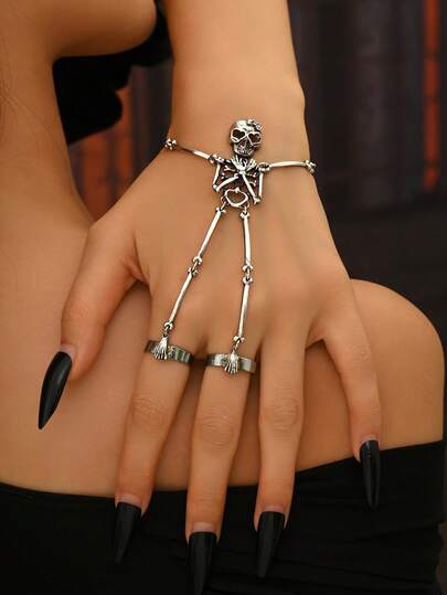1 pieza Brazalete sin dedos de estilo gótico vintage punk con calavera y huesos, moda personalizada de estilo oscuro, adecuado para fiestas de Halloween