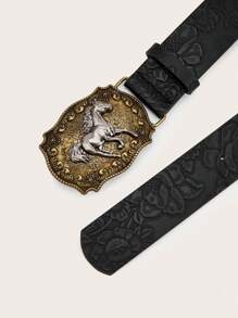 1pc Unisex Retro Western Cowboy Animal Buckle Embossed PU Leather Belt, Fashion Versatile For Various Jeans, Dresses, All Seasons