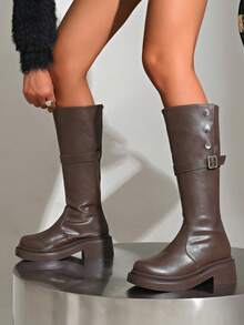 女士舒适时尚中筒靴，厚底厚跟，圆头，复古高帮骑行风格 - 棕色 - 查看 4