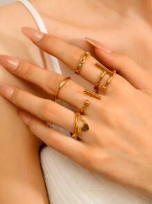 4/5 Teile Set modischer, schlichter Edelstahl-Goldring für Frauen mit geometrischen Linienelementen, geeignet für täglichen Gebrauch, Urlaubsdating, als Geschenkschmuck