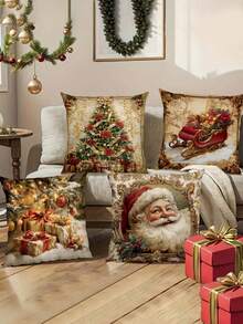 4pcs Christmas Theme Pillow Covers, Vintage Christmas Theme, Santa Claus Christmas Tree Gift Box, Merry Christmas 45x45cm, Suitable For Christmas Home Decor, Sofa Living Room Decoration. (Pillow Insert Not Included) - Multicolor - View 1