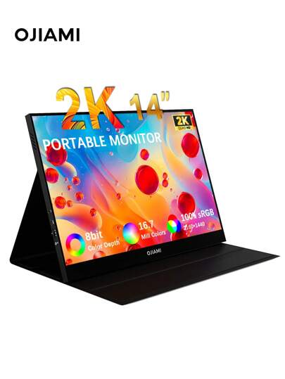2K 14-Inch 60hz 2160*1440 Brightness 330cd/㎡ 100%SRGB HDR Built-In Speakers Ultra Slimr Gaming Portable Monitor Suitable For Laptops/Mobile Phones/PS Switch Second Monitor , Mini HD, No Adapter