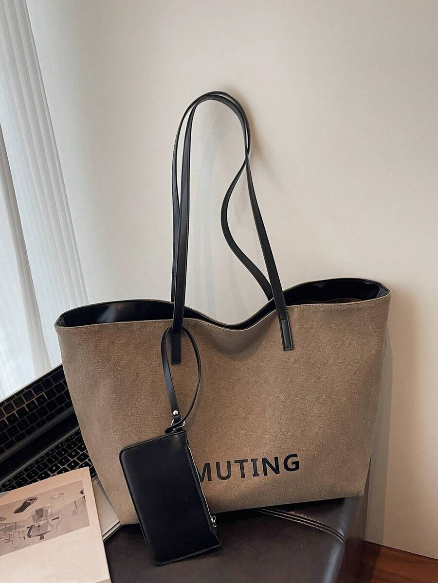 Khaki Tote Bag With Coin Purse, Fashion Minimalist Large Capacity Shoulder Bag With Magnetic Closure, Versatile Casual Handbag Suitable For Daily Use, Commuting, Work, School, Travel, Shopping - Khaki - View 1