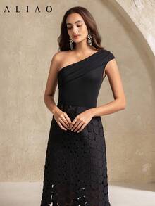 Aliao Minimalist Laser Cut Hollow Out Tassel, Slim-Fit Slash Shoulder Sleeve Drapey Dress, Polka Dot, Black Dress, Business Casual Woman, Elelgant Women Dress, Concert Outfit Women, Wedding Guest Dress Women, Wedding Guests, Court Style