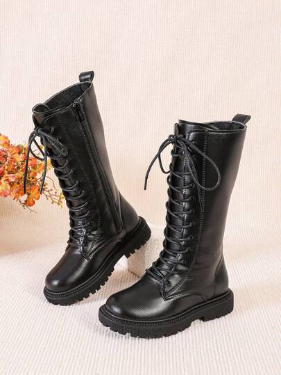 1 双女童黑色高筒靴，纯色柔软舒适 PU 材质，前系带，侧拉链，圆头，保暖厚底，时尚高帮公主皮靴，适合 3-15 岁女学生日常、派对、度假、秋冬新款