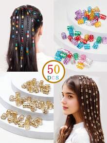 50pcs Girls Silver Rhombus Hollow Hair Ties, Suitable For Cool Street Dance Or Party - Silver - View 1