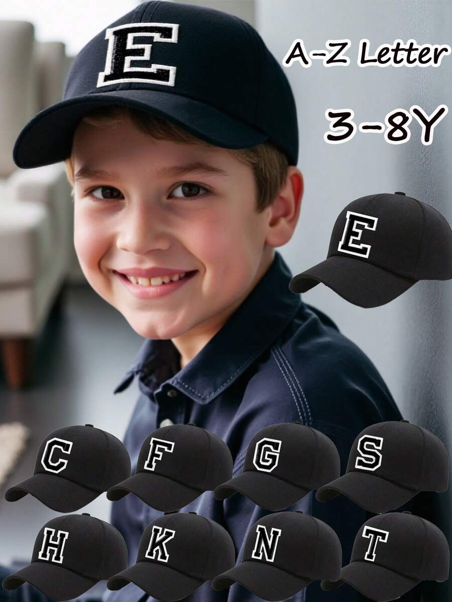 1顶儿童A-Z字母海军蓝棒球帽，时尚男女童运动遮阳帽，可调节帽带，3-8岁儿童返校必备 - 黑色 - 查看 1