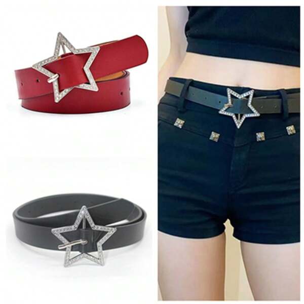 1pc Women's Punk Style Pentagram Waist Belt, Multi-Hole Star Decor Leather Belt, Suitable For Jeans Fall, Autumn, Halloween