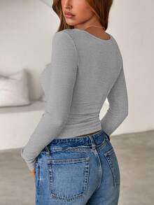 Women Spring And Fall Long Sleeve Shirts Ribbed Crewneck Fitted Basic Tee Going Out Tops Casual Workout Vacation Outfits - 灰色 - 查看 2
