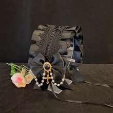 1pc Lolita Style Girl Faux Pearl Bow Lace Headband + Cute Countryside Themed Headpiece Ribbon Maid Headdress, Suits 2D Lolita Halloween