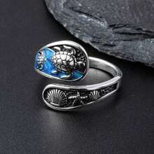 1pc Unique 925 Silver Resin Sea Turtle, Starfish & Shell Ring, Fashion Accessory For Women, Suitable For Vacation, Party, Wedding, Holiday Gift - Blue - View 2