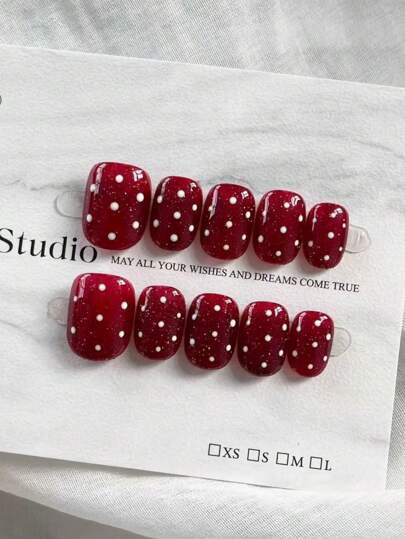 10 Pairs Retro Sweet Style Short Round Shaped Handmade Press-On Nails, Bright Wine Red Color With White Polka Dots And Fine Glitter Accents, Fashionable & Playful Nail Set Suitable For Holiday Parties And Daily Wear, For Women And Girls, Includes Jelly Glue And Mini Nail Files For Reusable Use Nail Supplies Nails