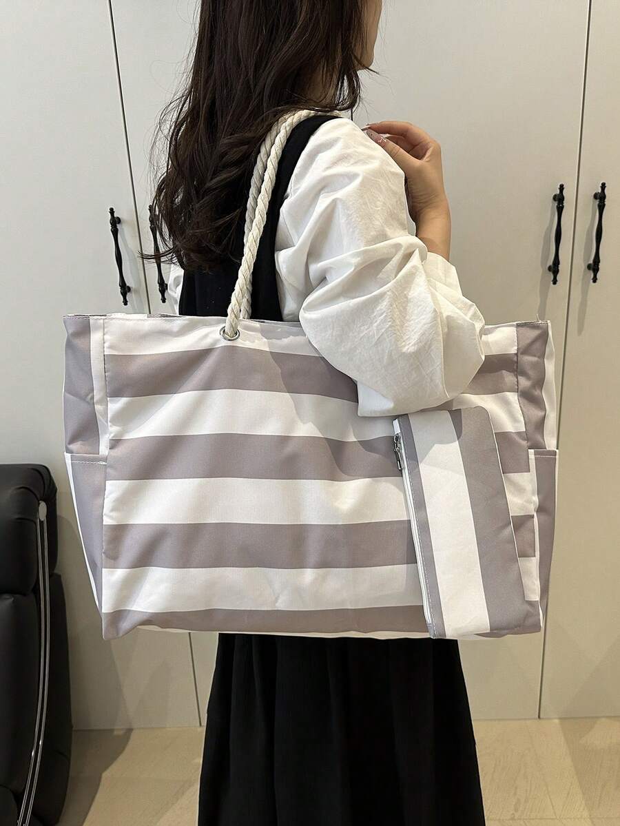 2pcs/Set Women's Waterproof Beach Tote Bag, Zipper Closure, Waterproof & Sand-Proof Design, Random Striped Pattern, Large Capacity, Suitable For Swimming Pool, School, Travel, Work, Vacation, Shopping And Other Occasions - Grey - View 1
