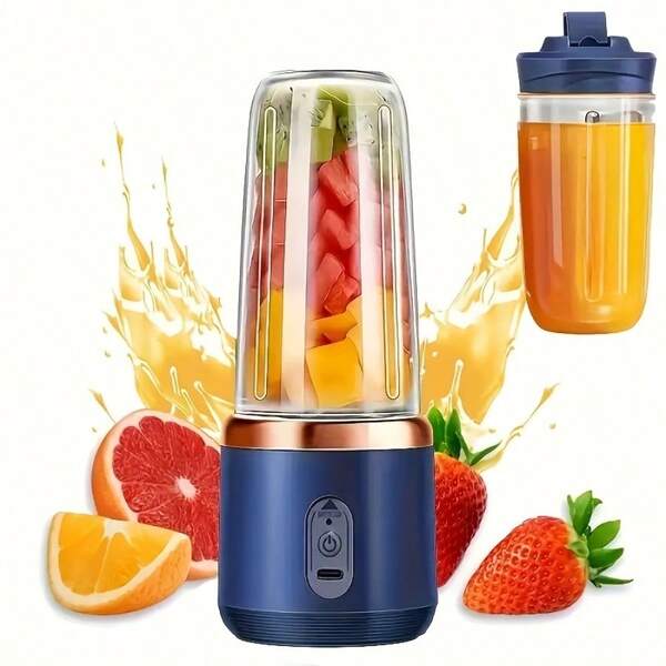 Multifunctional Portable Rechargeable Fruit Blender Juicer, 6-Blade Cyclone Blade Set With 304 Stainless Steel Blades, 1500mAh Large Capacity Battery For Long Runtime, USB Rechargeable, Suitable For Fruits And Vegetables, 13.4oz Dual Cup Capacity, Ideal For Home And Outdoor Camping